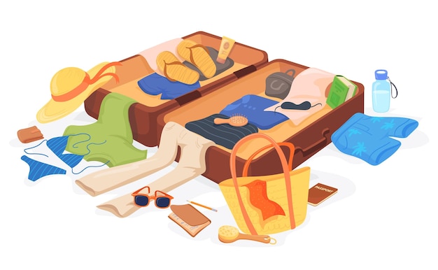 Scattered baggage Preparing travel suitcase vacation luggage organization trouble mess beach clothes holiday stuff leaving summer trip open journey bag neat vector illustration