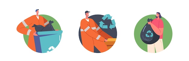 Scavengers in Uniform Collecting Litter Isolated Round Icons or Avatars on White Background Garbage Men Illustration