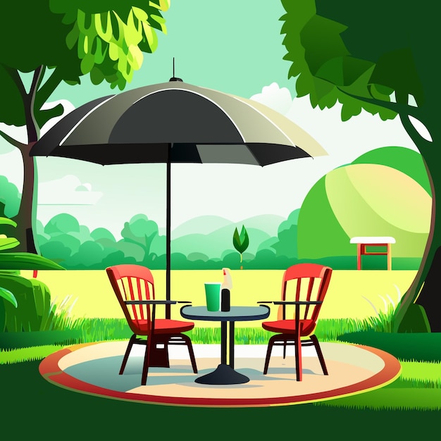 Scene of chair with coffee table and umbrella near green lawn in nature park