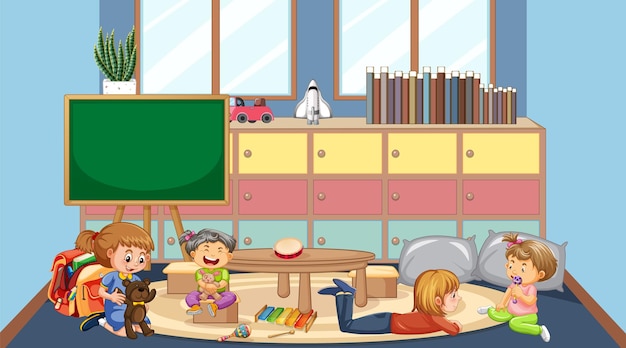 Scene of classroom with kids playing