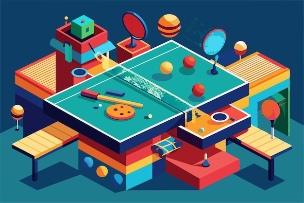 The scene features a colorful table tennis setup with unique shapes and fun distractions for engaging play Table tennis Customizable Disproportionate Illustration