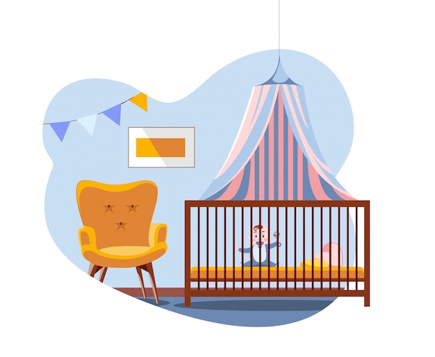 Vector scene in interior of the nursery. baby in bed under a canopy next to soft comfortable chair. baby room