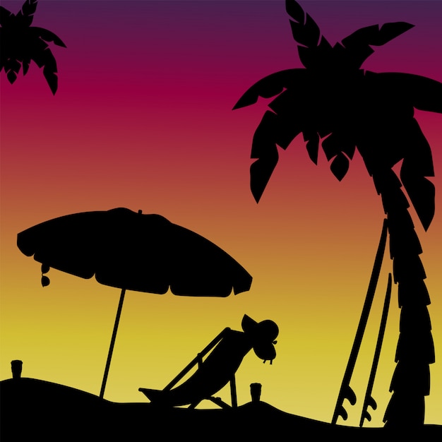 Scene silhouette of evening on the beach with palm trees. illustration.