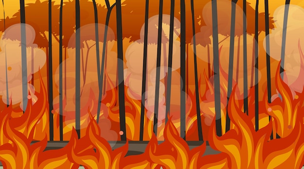 Scene with big wildfire in the forest