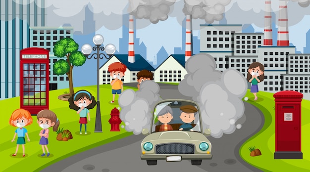 Vector scene with cars and factory buildings making dirty smoke in the city