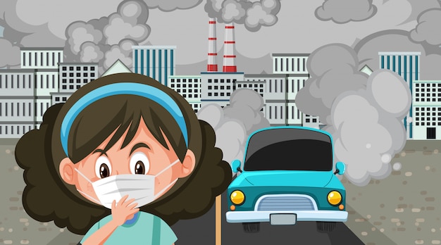 Vector scene with cars and factory buildings making dirty smoke in the city