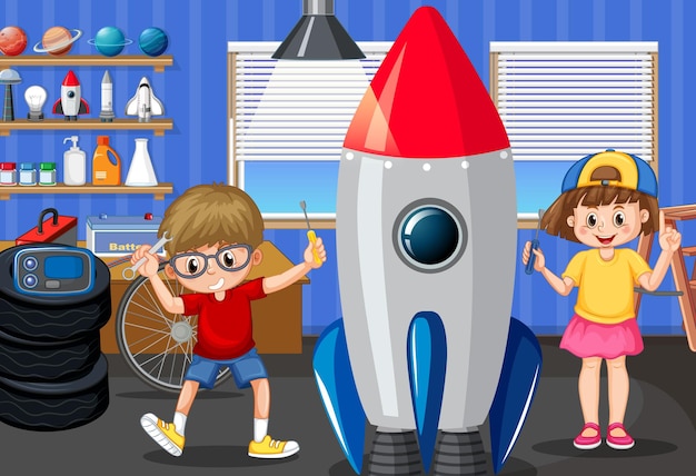 Scene with children repairing rocket together