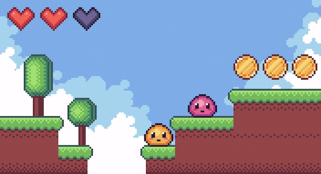 Scene with coins, slime monsters on pixel platform. Retro interface and landscape. 8 bit sprite.