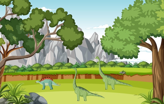 Scene with dinosaurs in forest