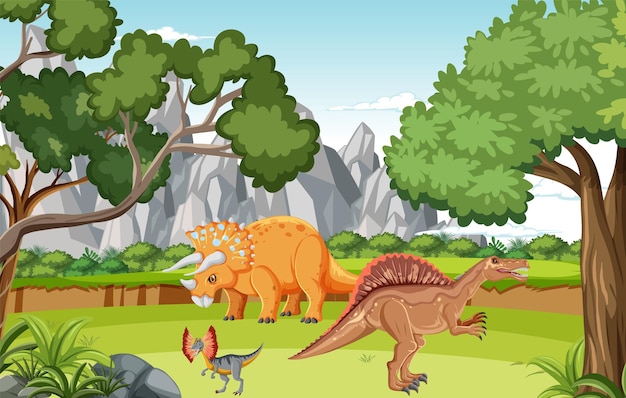 Scene with dinosaurs in forest