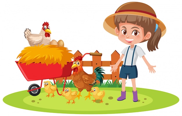 Scene with farmgirl and many chickens on white background