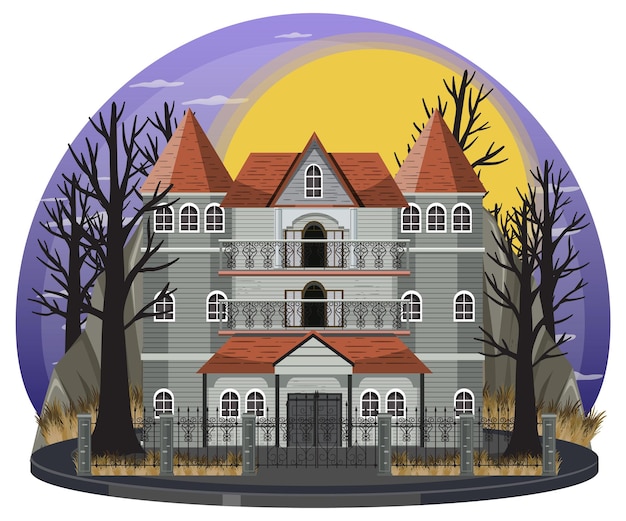 Vector scene with halloween haunted mansion at night