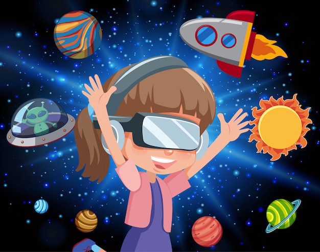 Scene with happy girl and spaceship flying in the galaxy