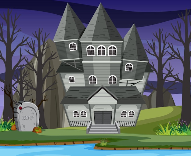 Vector scene with haunted halloween mansion