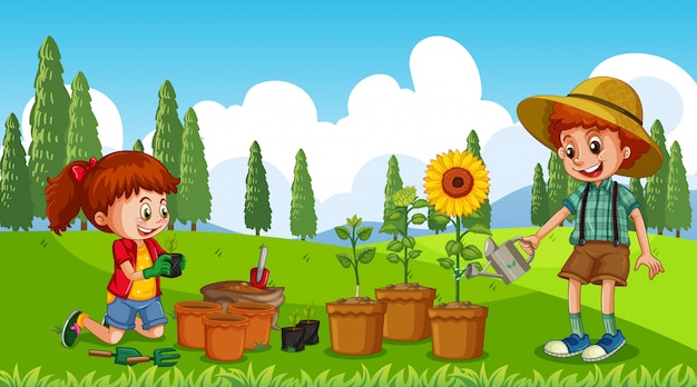 Scene with kid planting trees in the garden