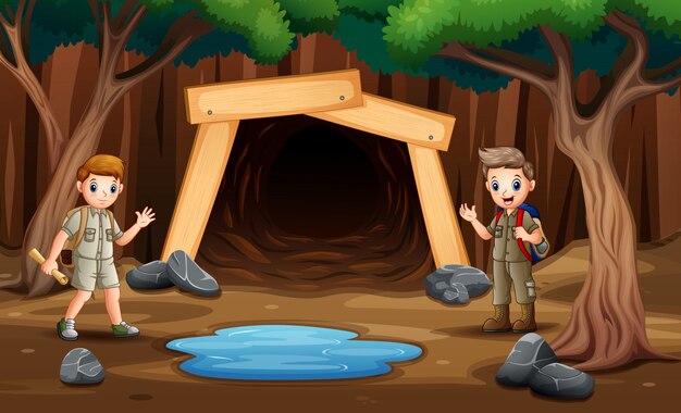 Vector scene with kids in front the mine illustration