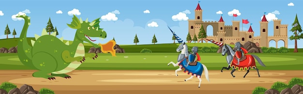 Scene with knight and dragon in fairytale land