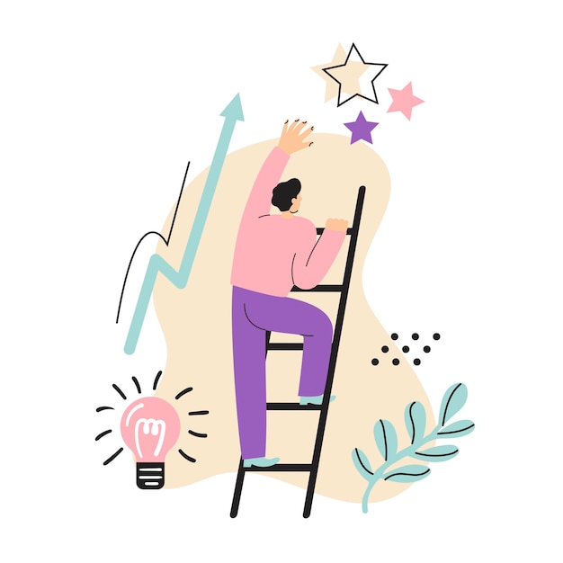 Scene with Man climbing upstairs to stars Idea lampFor business presentations information posts