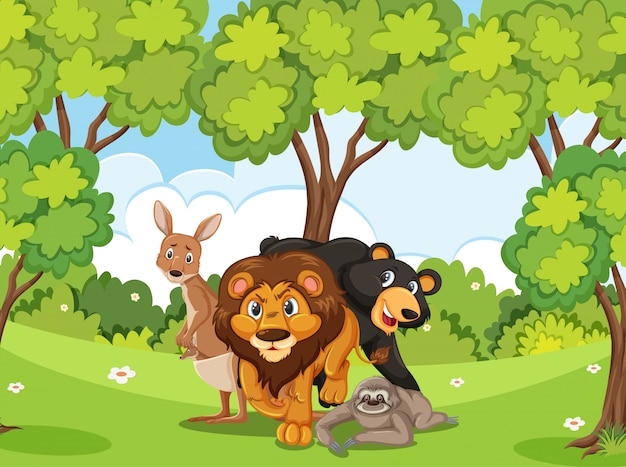 Scene with many wild animals in the forest