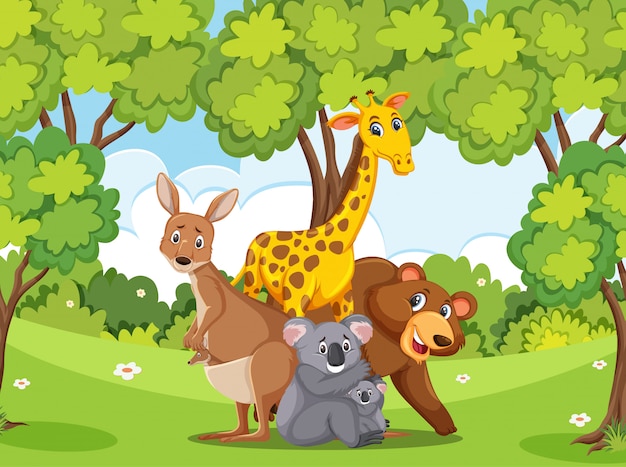 Scene with many wild animals in the park