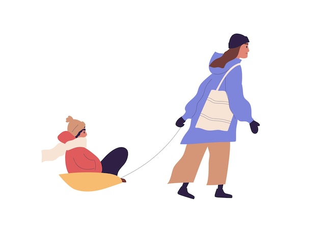 Scene with mother pulling sled with kid on winter holidays. Side view of woman walking with child in sleigh in December. Colored flat vector illustration of outdoor activity in wintertime.