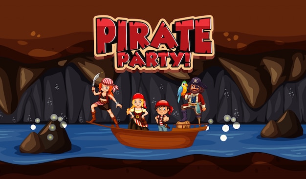 Scene  with pirate and crews in small boat and word  for pirate party