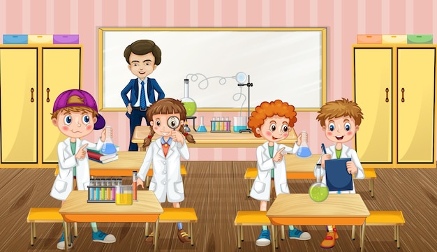 Scene with school kids doing chemistry experiment in the classroom