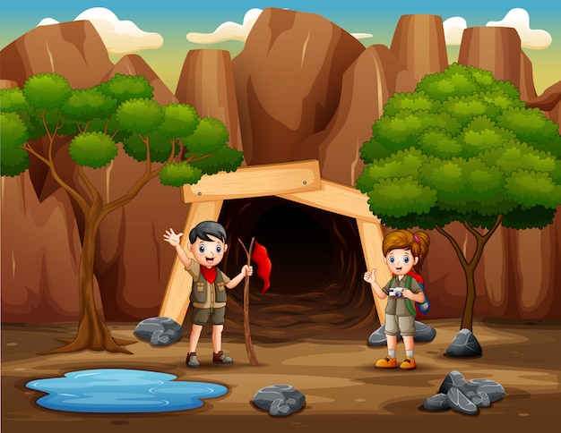 Vector scene with scout kids hiking in the mine