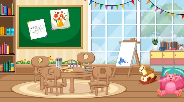 Vector scene with table and chairs in classroom