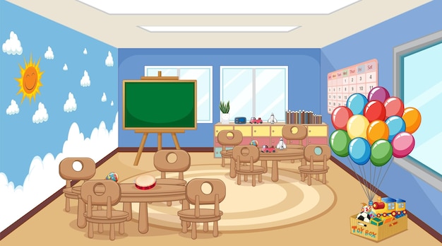 Vector scene with tables and chairs in classroom