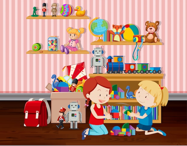 Scene with two girls playing blocks in the room illustration