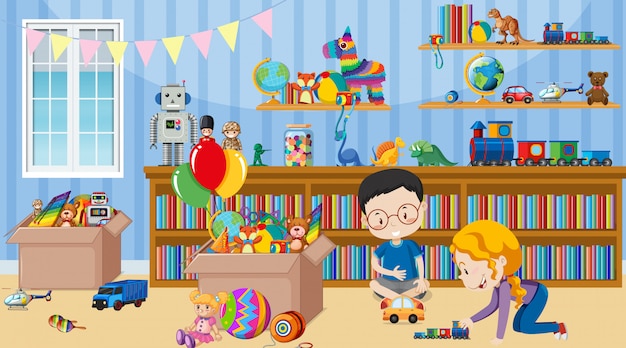 Scene with two kids playing toys in the room