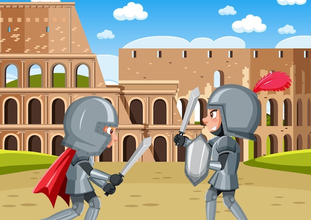 Vector scene with two knights in armour is fighting