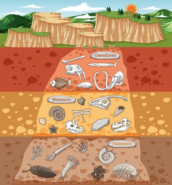 Vector scene with various animals bones and dinosaurs fossils in soil layers