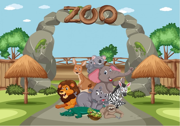 Scene with wild animals in the zoo at day time