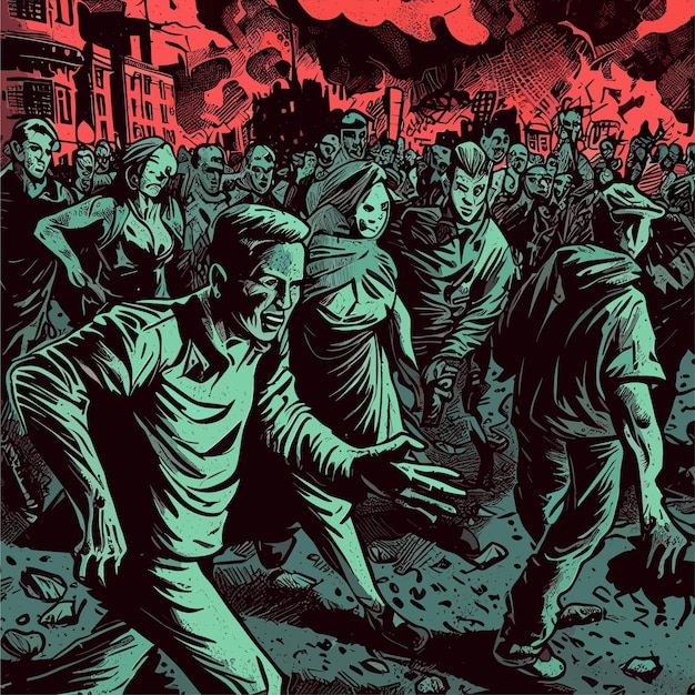 Scene of Zombie Apocalypse comicstyle vector illustration