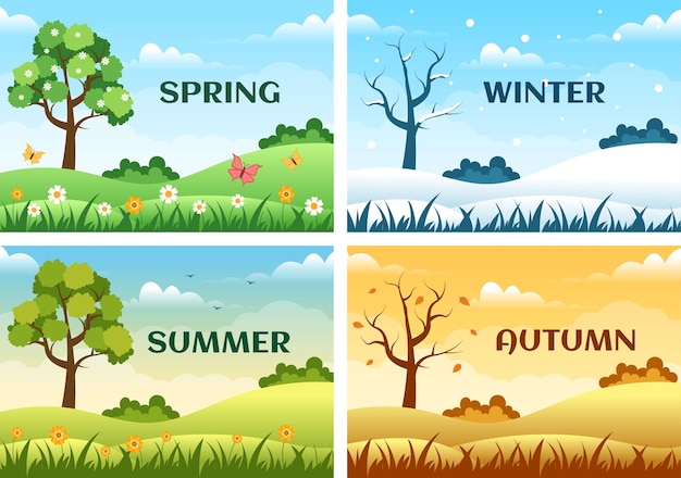 Scenery of the Four Seasons of Nature with Landscape Template Hand Drawn Cartoon Illustration