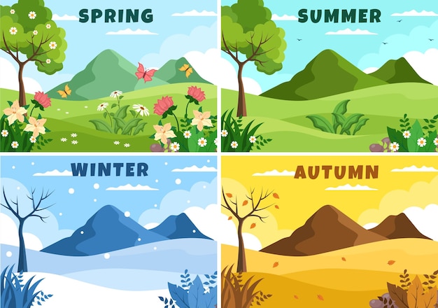 Scenery of the Four Seasons of Nature with Landscape Template Hand Drawn Cartoon Illustration