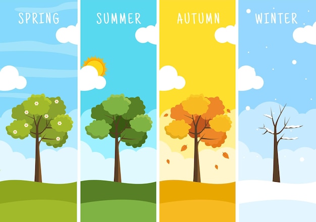 Scenery of the Four Seasons of Nature with Landscape Template Hand Drawn Cartoon Illustration