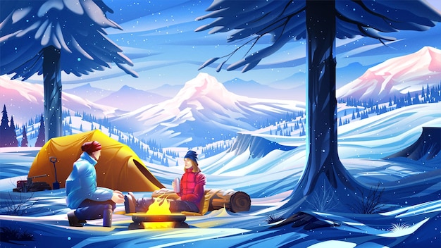 Scenery vector illustration of a couple are enjoying their snow camping in a national park