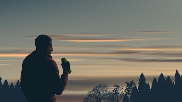 Scenery vector illustration of a man enjoying his coffee in a thermos with a beautiful evening vibe.