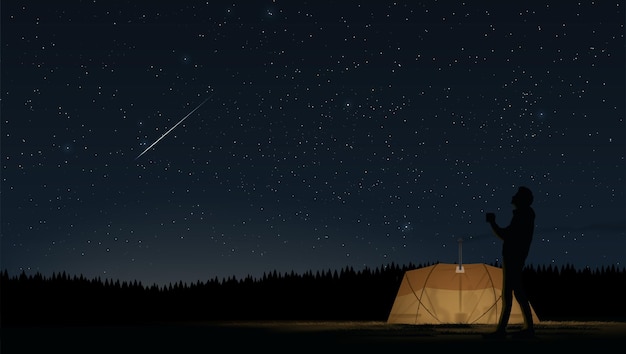 Scenery vector illustration of a man that has separated from the group to outside the tent and is casually drinking a coffee and looking up to see the stunning view of a starry sky