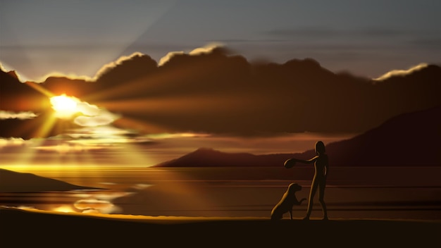 Scenery vector illustration of a woman is playing with her beloved dog at the seashore with a beautiful sunset.