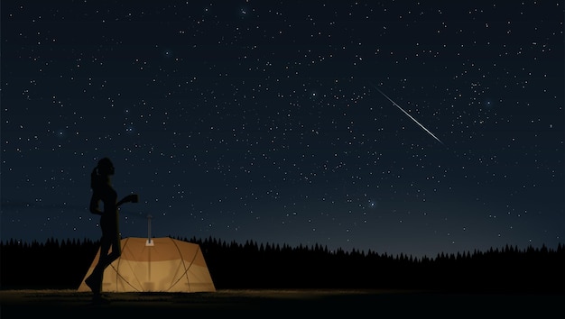 Scenery vector illustration of a woman that has separated from the group to outside the tent and is casually drinking a coffee and looking up to see the stunning view of a starry sky