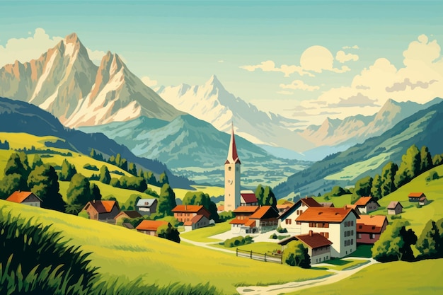 Vector scenic alpine village landscape