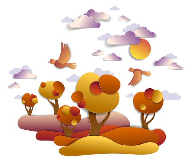 Scenic autumn landscape of meadows and trees, cloudy sky with birds and sun, fall fields and grasslands vector illustration in paper cut kids style. Autumn in countryside, travel and tourism.