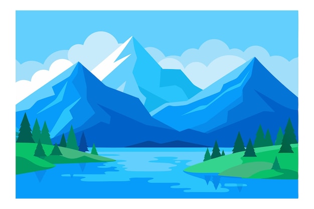 Scenic cartoon mountain landscape with lake and pine trees under a bright sky