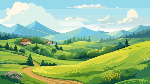 Vector scenic countryside landscape with beautiful house and hills