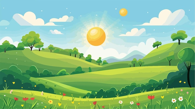 Vector scenic countryside landscape with sun and clouds