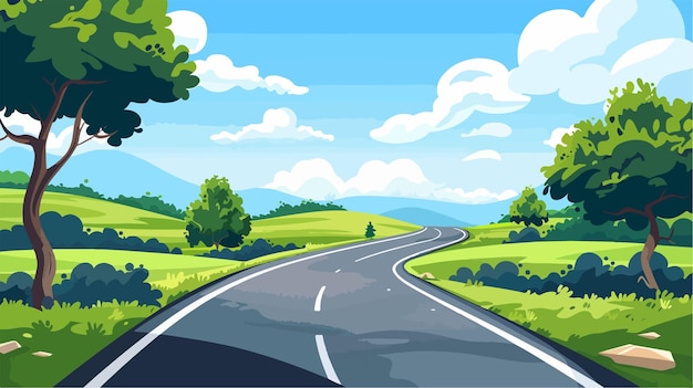 Vector scenic countryside road with cloudy sky vector illustration